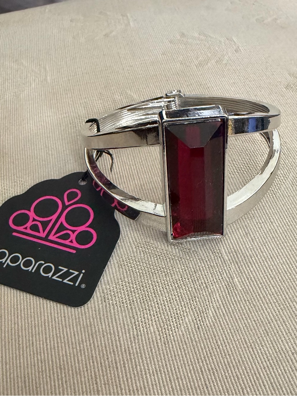 Paparazzi Silver-Tone Cuff Bracelet with Deep Red Rectangular Stone